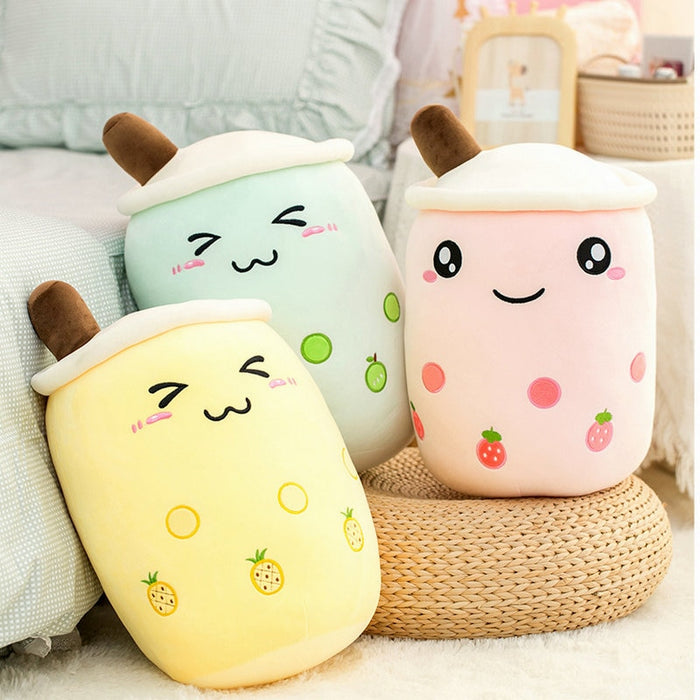 Cute Boba Milk Tea Plushie Toy Soft Stuffed Apple Pink Strawberry Taste