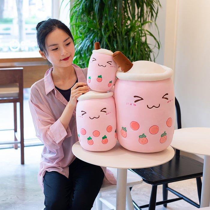 Cute Boba Milk Tea Plushie Toy Soft Stuffed Apple Pink Strawberry Taste