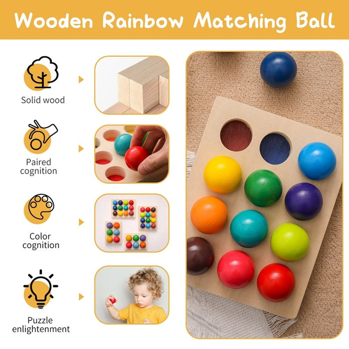 Wooden Montessori Toys for Kids Early Education Preschool Toy Rainbow Ball Matching